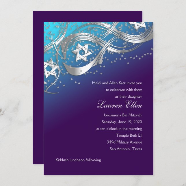 Silver Star Confetti Flourish Mitzvah Turquoise Invitation (Front/Back)