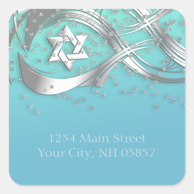 Silver Star Confetti Flourish Return Address Aqua Square Sticker (Front)