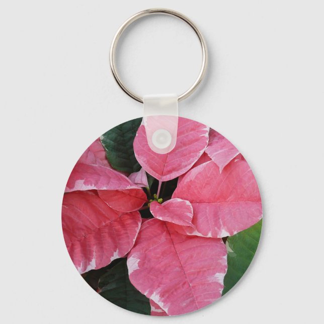Silver Star Marble Poinsettias Pink Holiday Floral Key Ring (Front)
