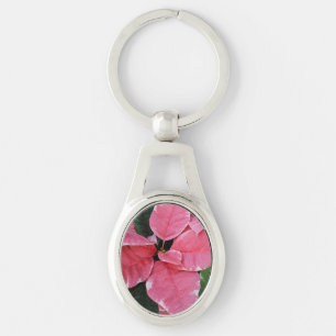 Silver Star Marble Poinsettias Pink Holiday Floral Key Ring