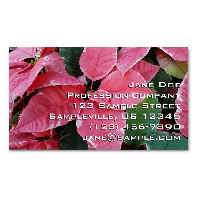 Silver Star Marble Poinsettias Pink Holiday Floral Magnetic Business Card (Front)