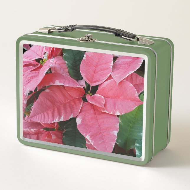 Silver Star Marble Poinsettias Pink Holiday Floral Metal Lunch Box (Front)