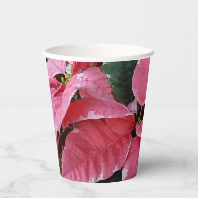 Silver Star Marble Poinsettias Pink Holiday Floral Paper Cups (Front)