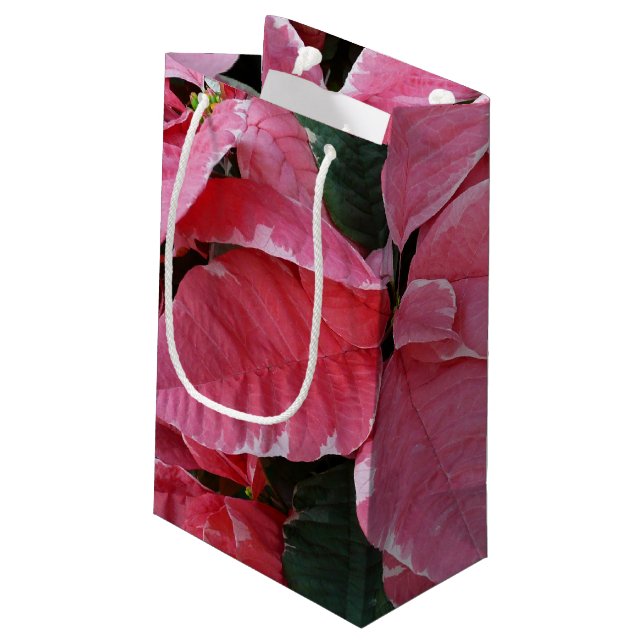 Silver Star Marble Poinsettias Pink Holiday Floral Small Gift Bag (Back Angled)