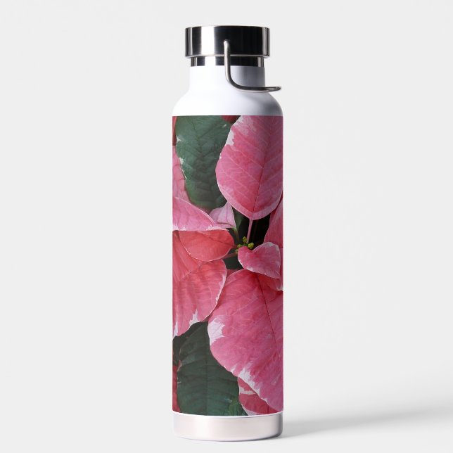 Silver Star Marble Poinsettias Pink Holiday Floral Water Bottle (Left)