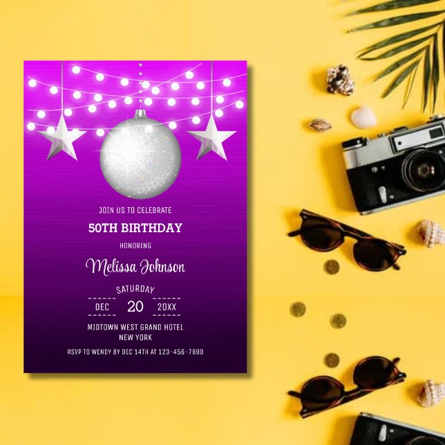 Silver Star String Light Magenta Gradient Birthday Invitation (Creator Uploaded)