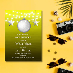 Silver Star String Light Yellow Gradient Birthday Invitation