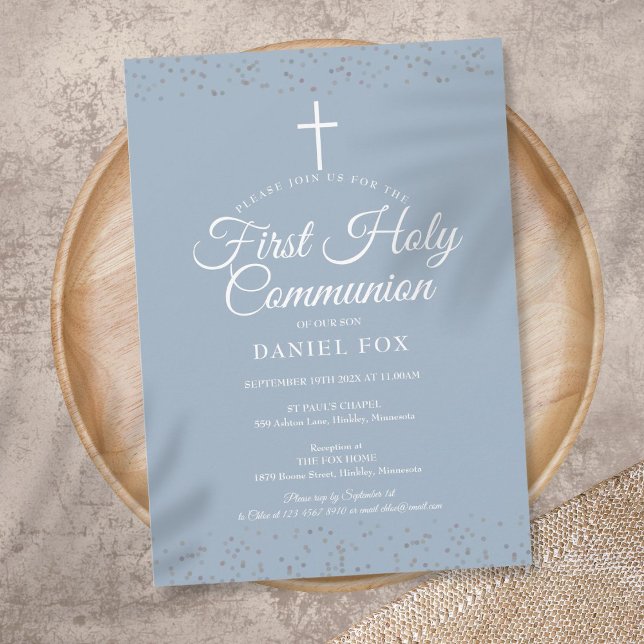 Silver Stardust First Holy Communion Dusty Blue Invitation (Creator Uploaded)