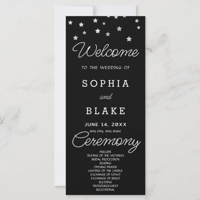 Silver Stars Celestial Black Wedding Program (Front)