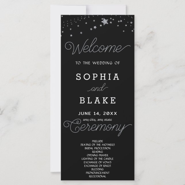 Silver Stars Celestial Black Wedding Program (Front)