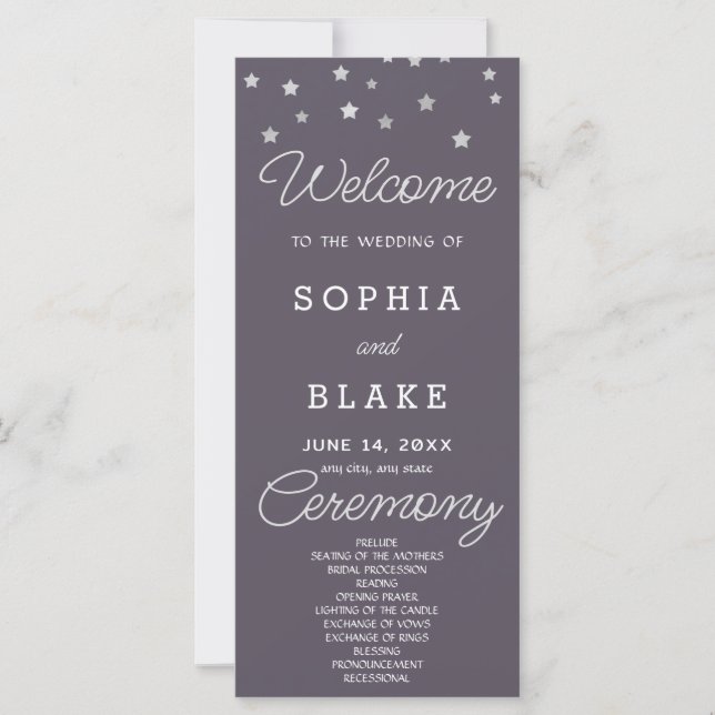 Silver Stars Celestial Smoke Grey Wedding Program (Front)