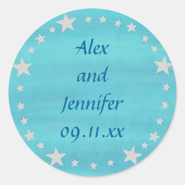 Silver Stars Circle on Blue Save the date stickers (Front)