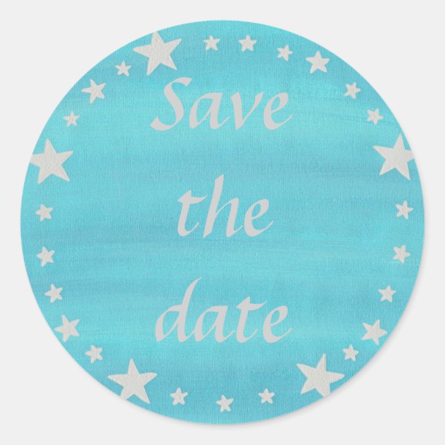 Silver Stars Circle on blue Save the date stickers (Front)