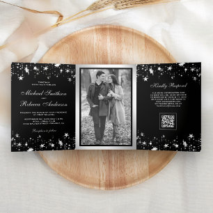 Silver Stars Confetti Black QR Code Wedding Tri-Fold Invitation