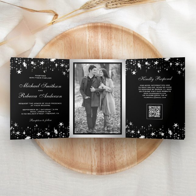 Silver Stars Confetti Black QR Code Wedding Tri-Fold Invitation (Creator Uploaded)