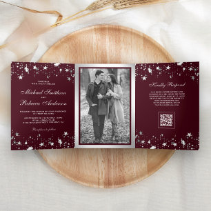 Silver Stars Confetti Burgundy QR Code Wedding Tri-Fold Invitation