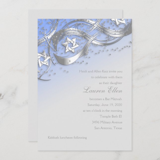 Silver Stars Confetti Flourish Bat Mitzvah Blue Invitation (Front/Back)