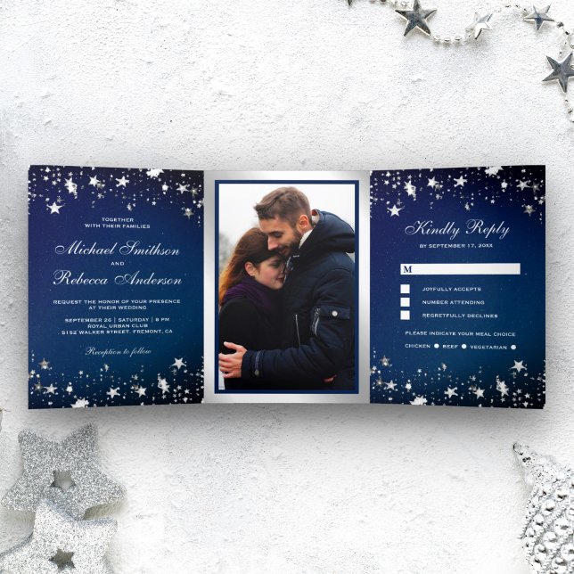 Silver Stars Confetti Midnight Blue Galaxy Wedding Tri-Fold Invitation (Creator Uploaded)