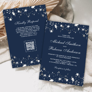 Silver Stars Confetti Navy Blue QR Code Wedding Invitation