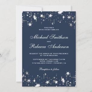Silver Stars Confetti Navy Blue QR Code Wedding Invitation