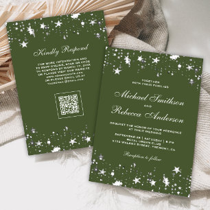 Silver Stars Confetti Olive Green QR Code Wedding Invitation