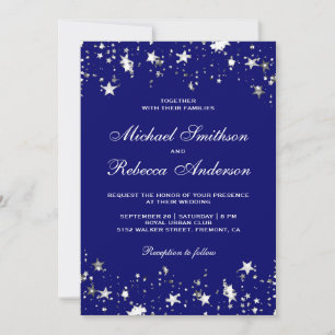 Silver Stars Confetti Royal Blue QR Code Wedding Invitation