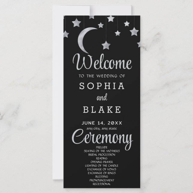 Silver Stars Crescent Moon Black Wedding Program (Front)