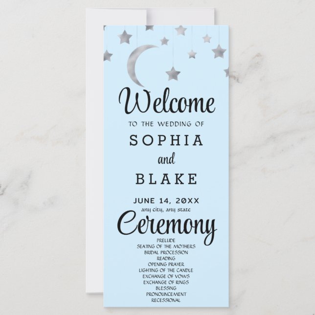 Silver Stars Crescent Moon Blue Wedding Program (Front)