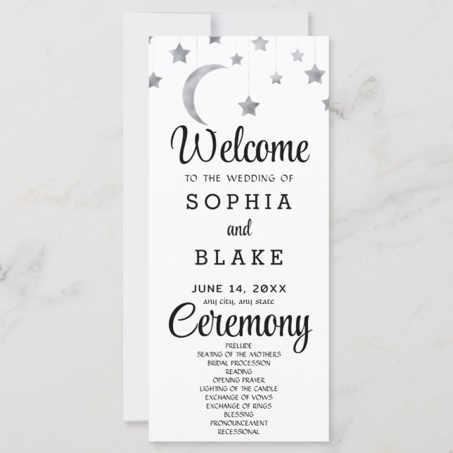 Silver Stars Crescent Moon White Wedding Program (Front)