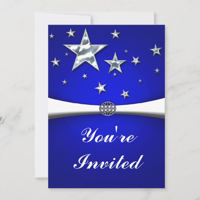 Silver Stars Dark Blue Party Invitation (Front)