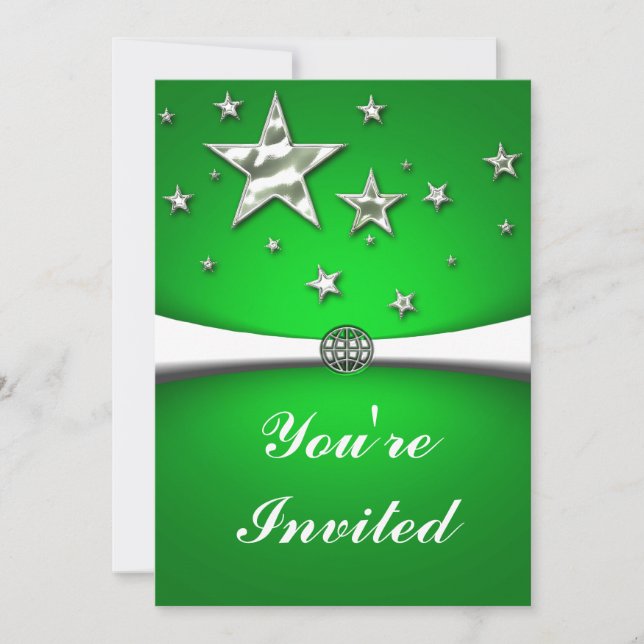 Silver Stars Green Party Invitation (Front)