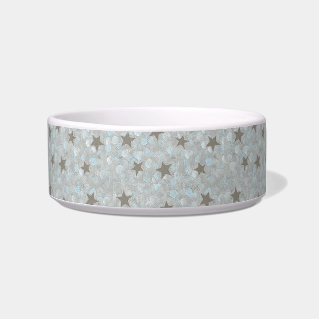 Silver Stars, Grey & Blue Bubbles Pet Dish (Front)