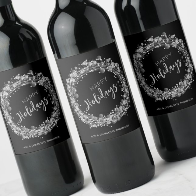 Silver Stars Happy Holidays Black Wine Label (Creator Uploaded)