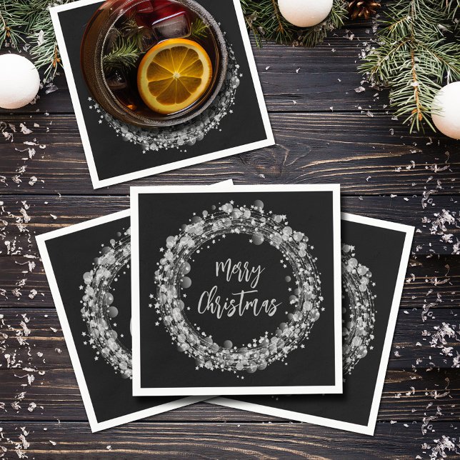 Silver Stars Merry Christmas Napkin (Silver Stars Merry Christmas on Black Napkins)