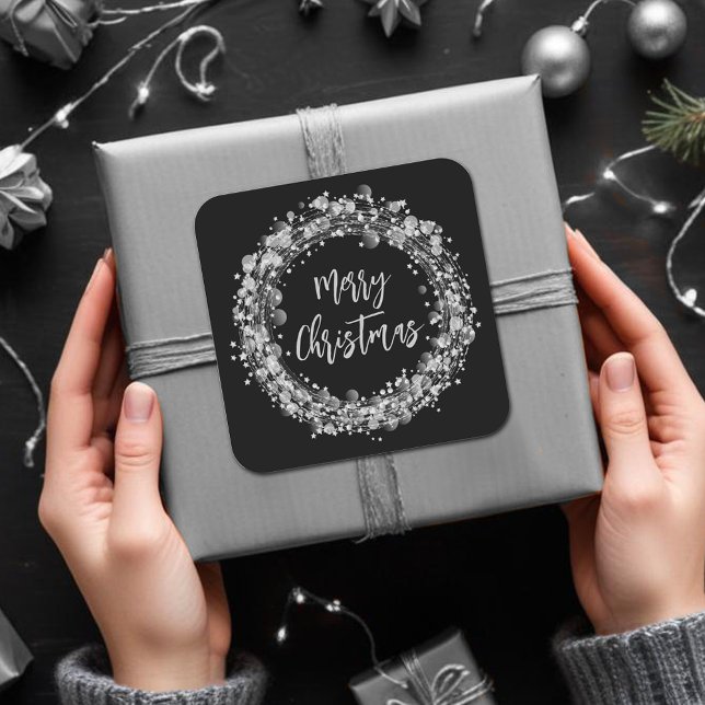 Silver Stars Merry Christmas Square Sticker (Silver Stars Merry Christmas Round 3" Stickers)