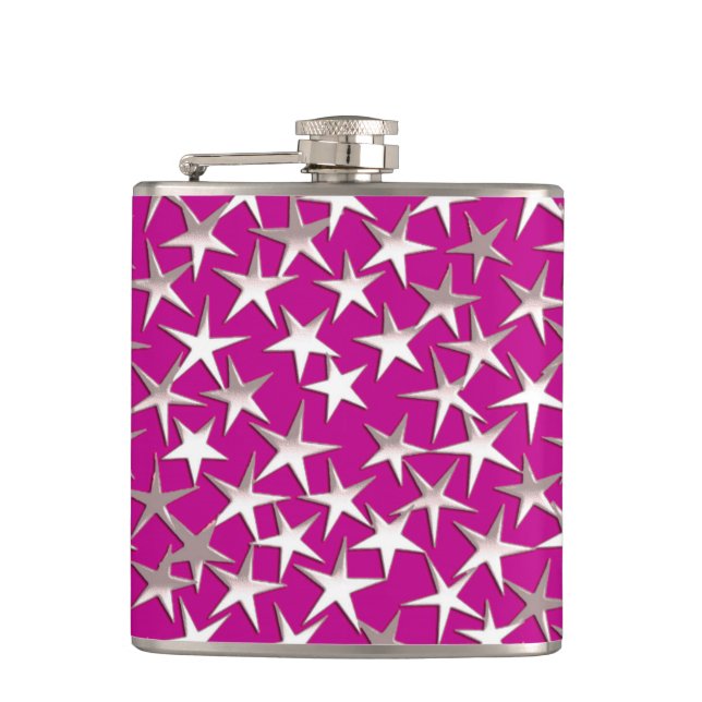 Silver stars on amethyst purple hip flask (Front)