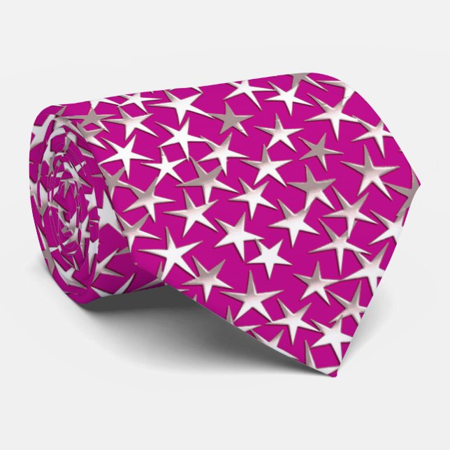 Silver stars on amethyst purple tie (Rolled)