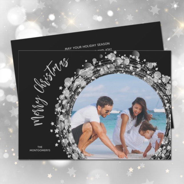Silver Stars on Black Merry Christmas Photo Holiday Card (Creator Uploaded)