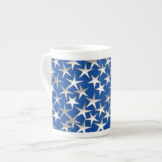 Silver stars on cobalt blue bone china mug (Front Left)
