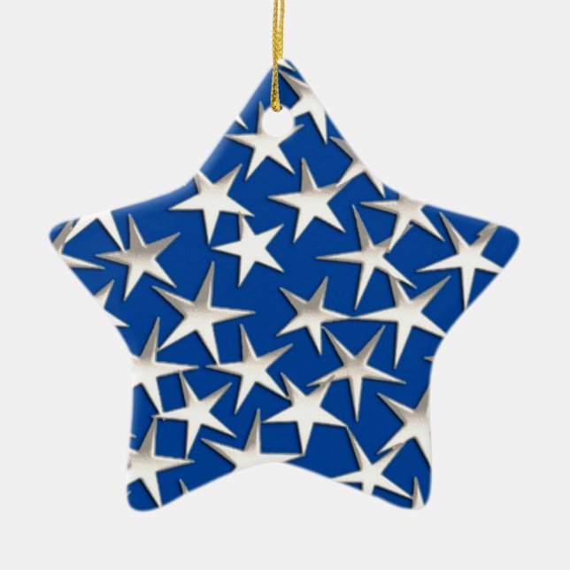 Silver stars on cobalt blue ceramic tree decoration (Front)