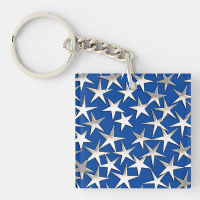 Silver stars on cobalt blue key ring (Front)