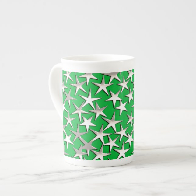 Silver stars on emerald green bone china mug (Front Left)