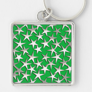 Silver stars on emerald green key ring