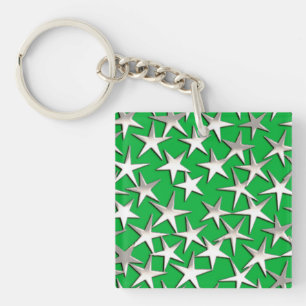 Silver stars on emerald green key ring