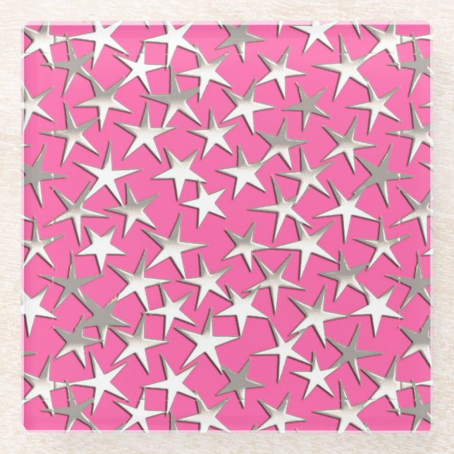 Silver stars on fuchsia pink glass coaster (Front)