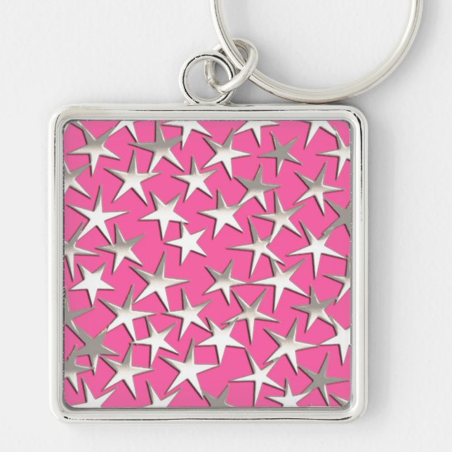 Silver stars on fuchsia pink key ring (Front)