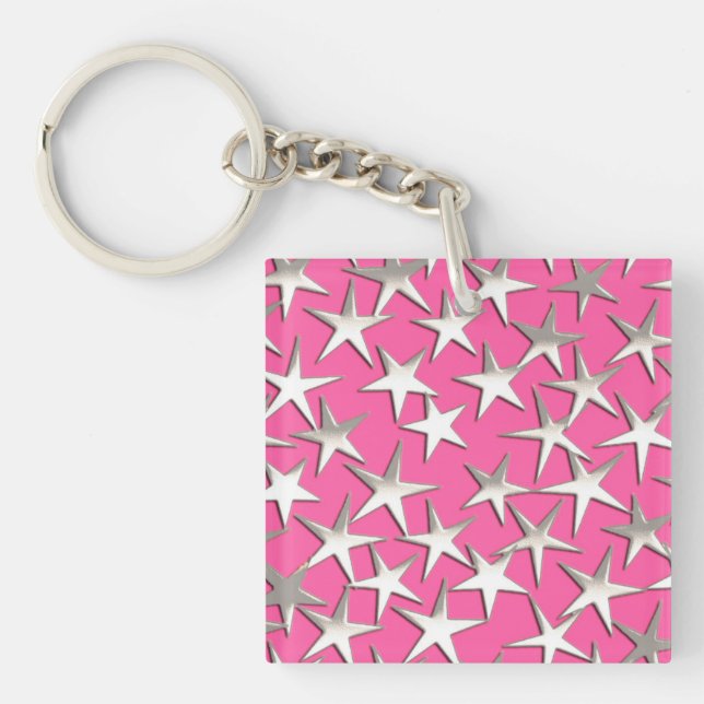 Silver stars on fuchsia pink key ring (Front)