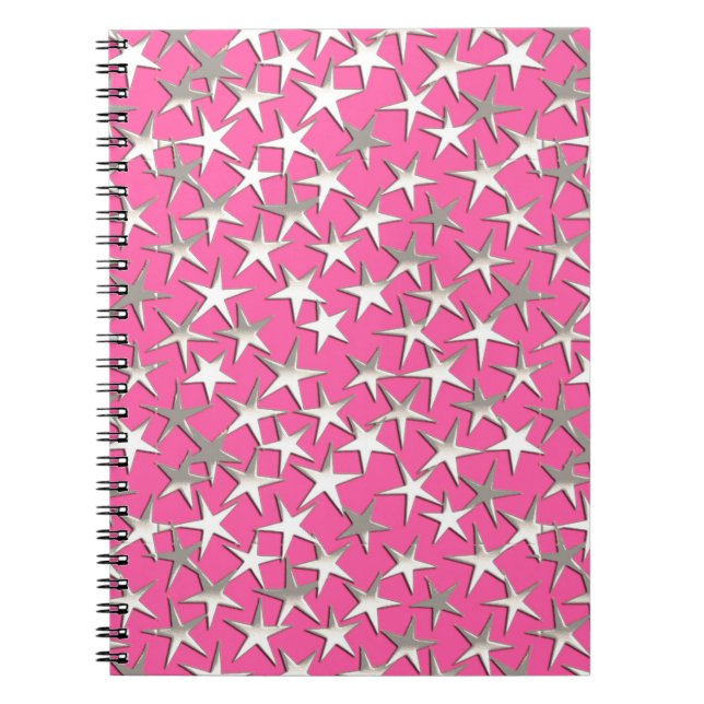 Silver stars on fuchsia pink spiral notebook (Front)