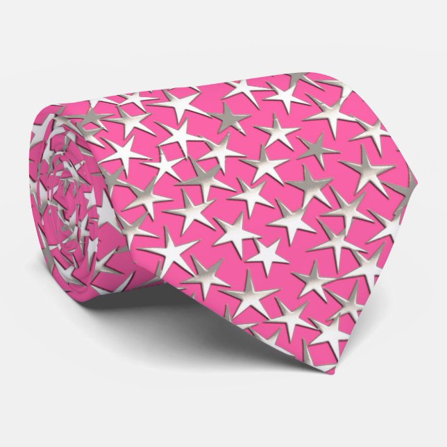 Silver stars on fuchsia pink tie (Rolled)