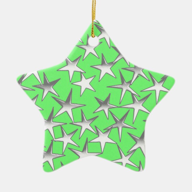 Silver stars, on lime green ceramic tree decoration (Front)